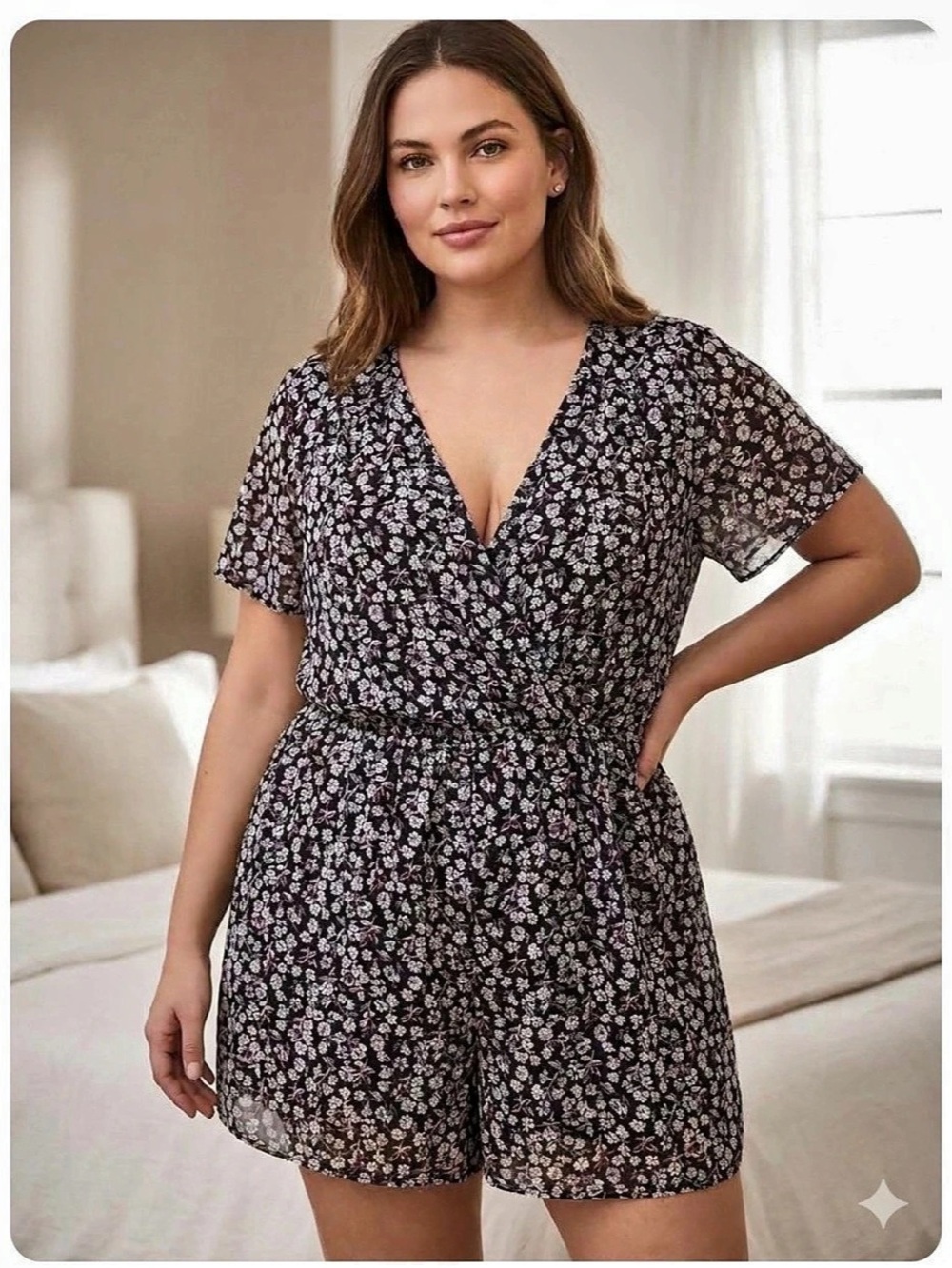 Lane Bryant Black Floral Faux-Wrap Short Sleeve Romper, 26/28
